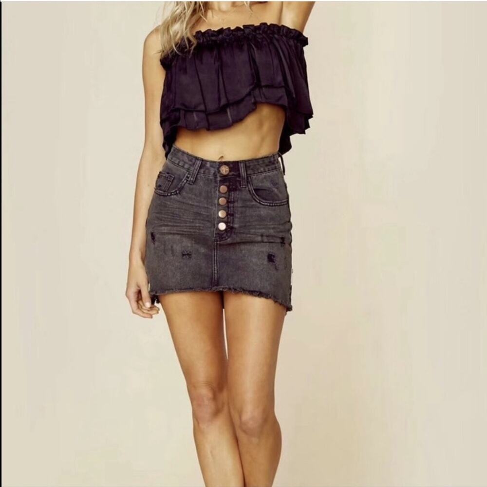 ONE TEASPOON Women's Dark Gray Wash Distressed Denim Skirt